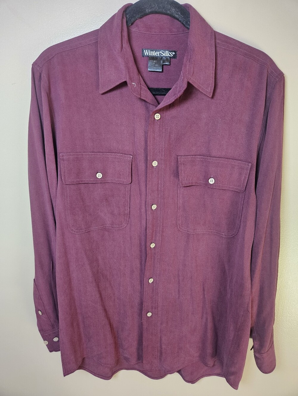 WinterSilks Men's Maroon 100% Silk Button Front Business Casual Dress Shirt SM